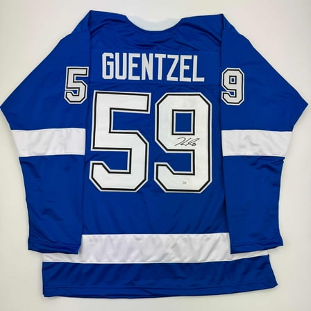 Autographed/Signed Jake Guentzel Tampa Bay Blue Hockey Jersey PSA COA