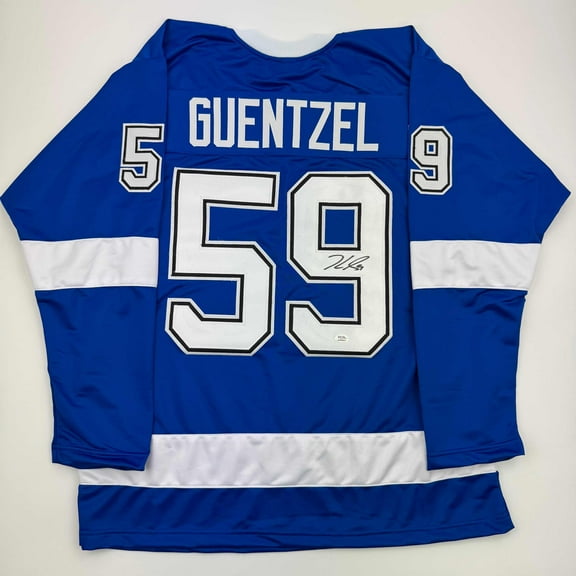 Autographed/Signed Jake Guentzel Tampa Bay Blue Hockey Jersey PSA COA