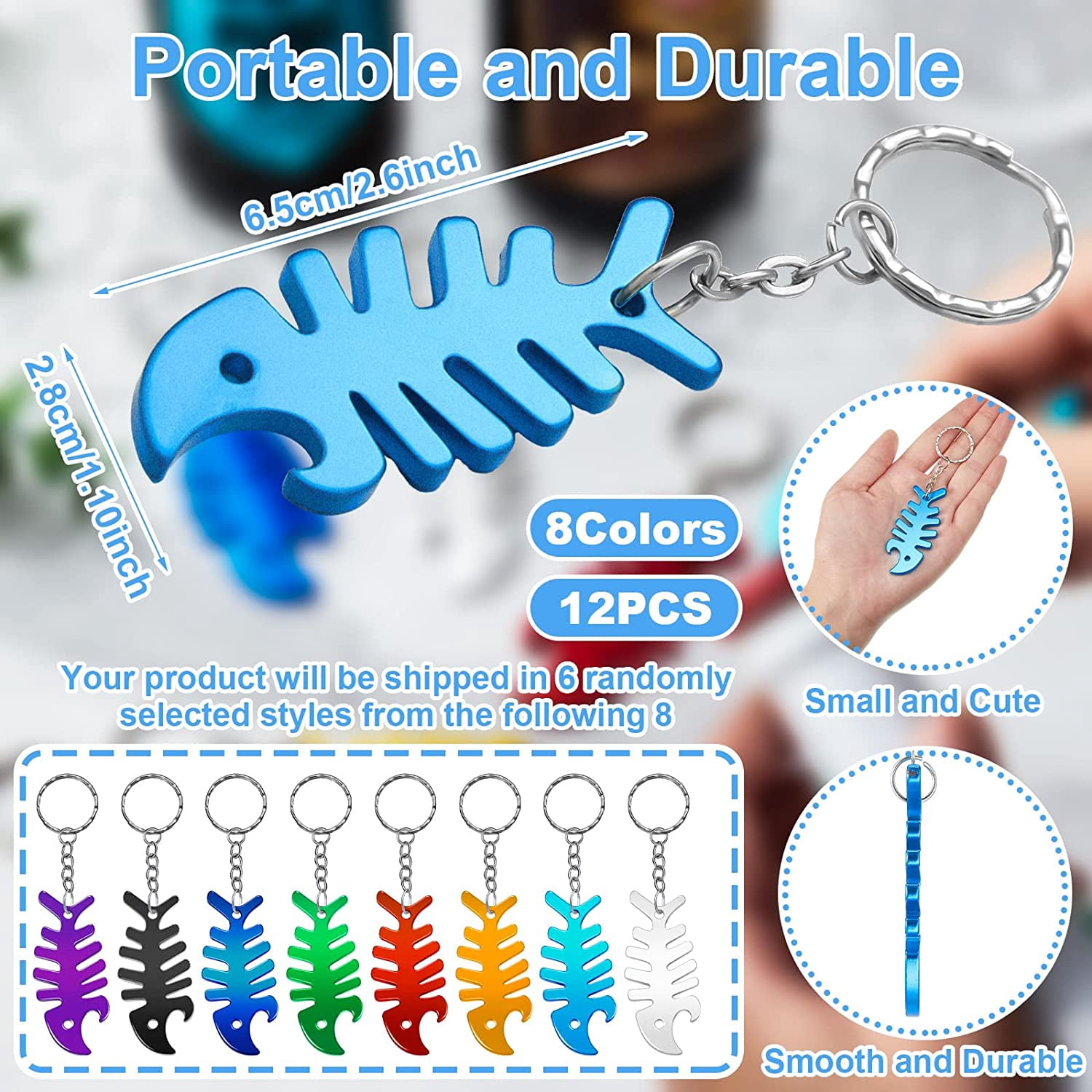MKEUDQ-Fish Bone Keychain Fish Charm Keychain Key Ring Accessories First Birthday Party Favors Bottle Opener for Men Women Gadgets Party Favors, 6 Random Colors, 2.6 x 1.1 Inches