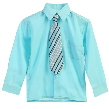 Boys Aqua Stripe Tie Long Sleeve Button Special Occasion Dress Shirt