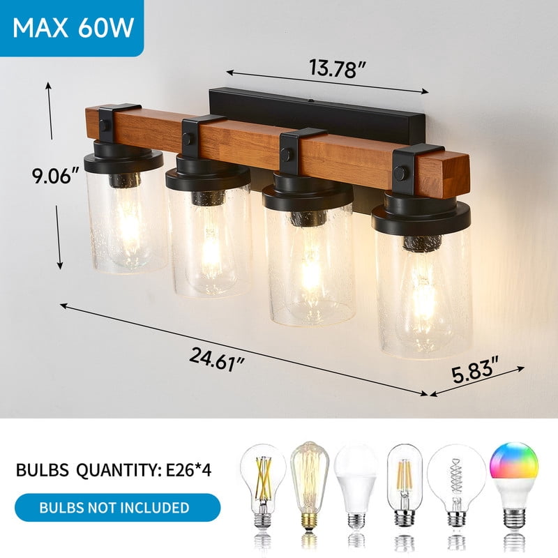 TICOZE 4-Light Matte Black and Wooden Wall Lamps with Glass Shade Vanity Lighting Fixtures for Dining Room Hallway Bedroom (Bulbs Not Included)
