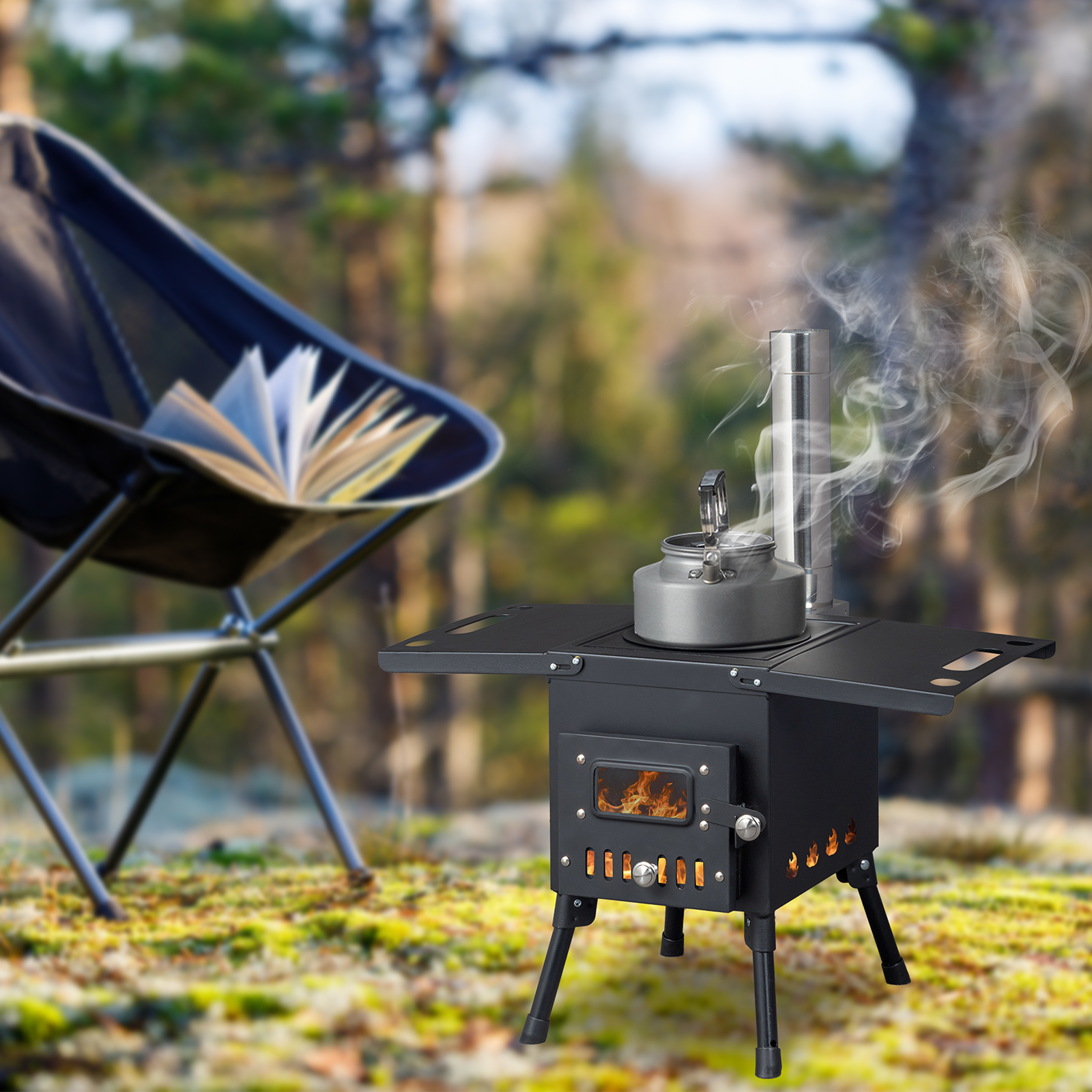 Portable Wood Burning Camping Stove - Collapsible Tent Stove with Chimney Pipes, Fire Blanket & Gloves - 50,000 BTU Heater/Cooker for Tents, Hunting, Ice Fishing - Black Steel (22.6" x 12.2" x 14.6")