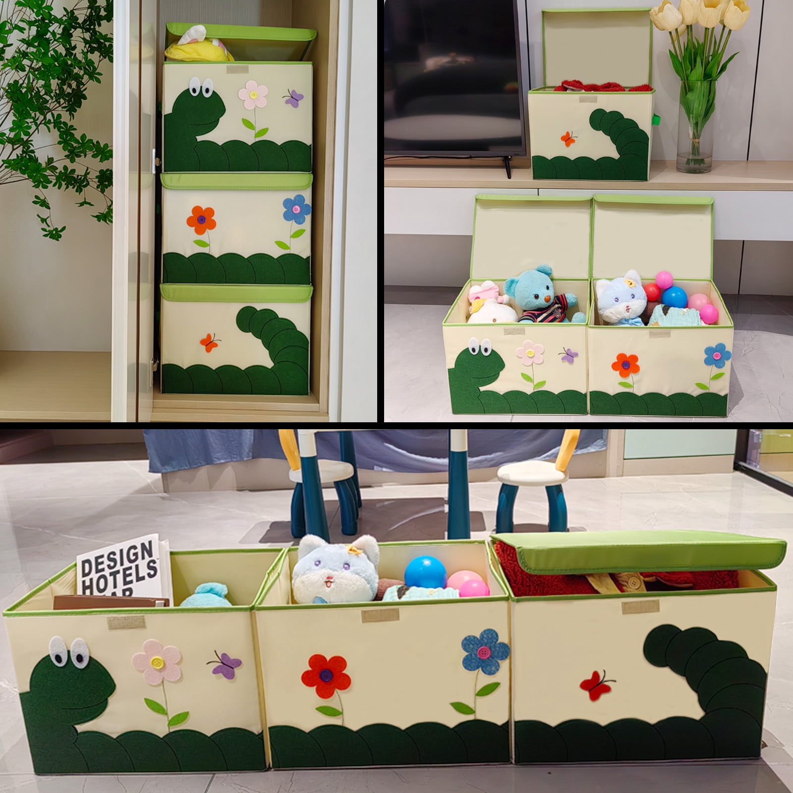 ASKETAM Kids Toy Box - Large Storage Bin for Boys & Girls, Cute Organizer (Green Caterpillar)