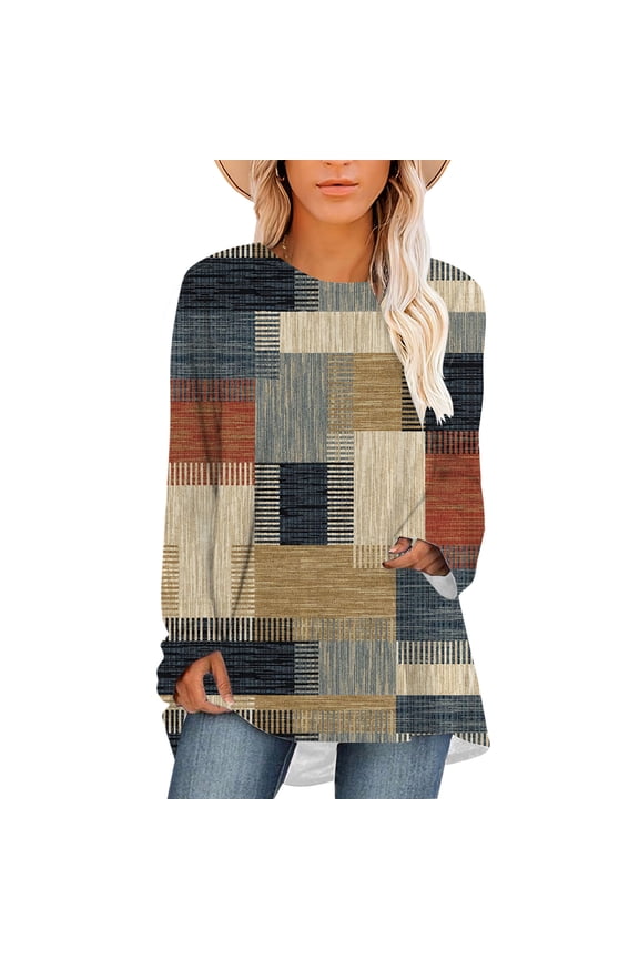 Women Plus Size Blouse Retro Lattice Graphics 3D Print T-shirt Long Sleeve Casual Tops