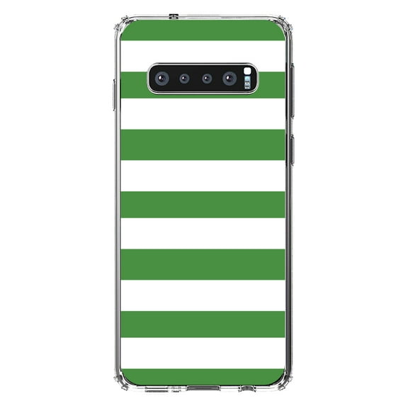 DistinctInk Clear Shockproof Hybrid Case for Samsung Galaxy S10  PLUS(6.4" Screen) - TPU Bumper, Acrylic Back, Tempered Glass Screen Protector - Green & White Bold Horizontal Stripes