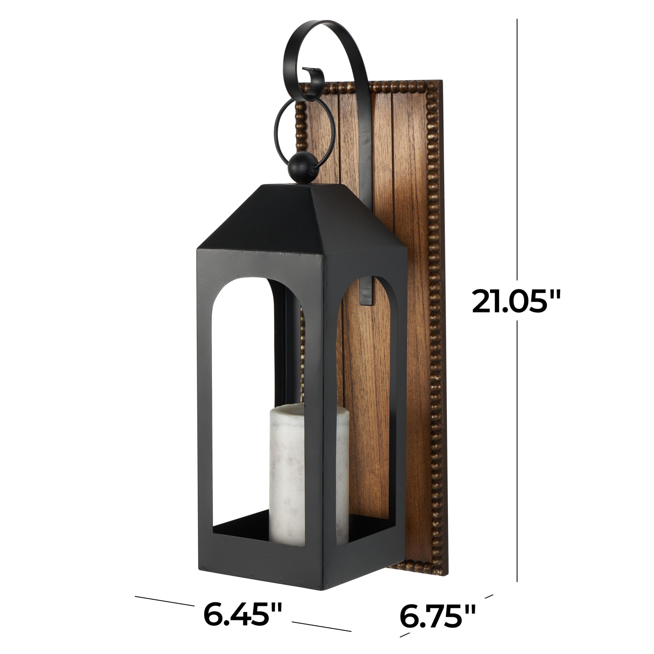 DecMode 2 Holder Black Metal Abstract Suspended Arched Cutout Wall Sconce with Brown Wood Backing and Beaded Edge