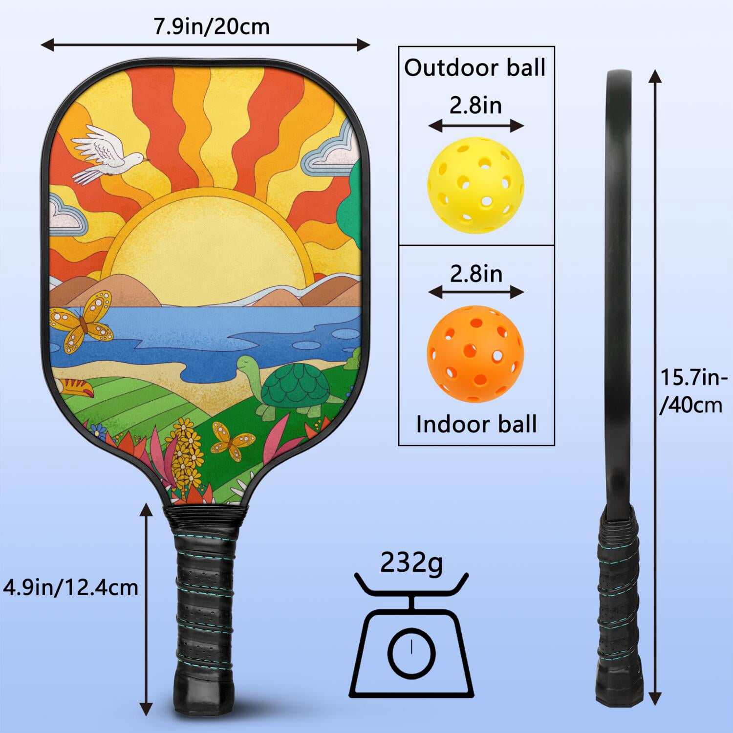 Pickleball Paddles Set Of 2, Fiberglass Surface, Vintage Floral Print, 4 Balls & Bag