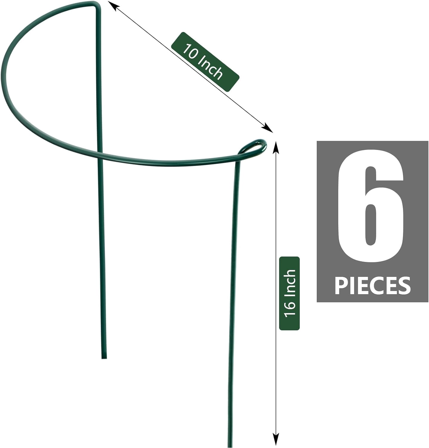 6 Pack Plant Support Stakes, Peony Cages and Supports, Metal Garden Plant Stake(10" Wide x 16" High) Green Half Round Plant Support Rings for Outdoor Indoor Plants, Tomato, Hydrangea