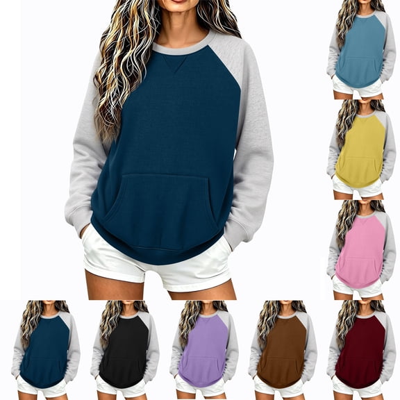 Women's Crew Neck Sweatshirt Oversized Long Sleeve Loose Casual Basic Tops with Front Kangaroo Pocket for Daily Outfit Match