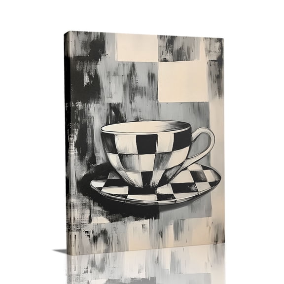 “Abstract Checkered Teacup on Textured Background” Modern Canvas Wall Art Ready to Hang for Living Room and Bedroom