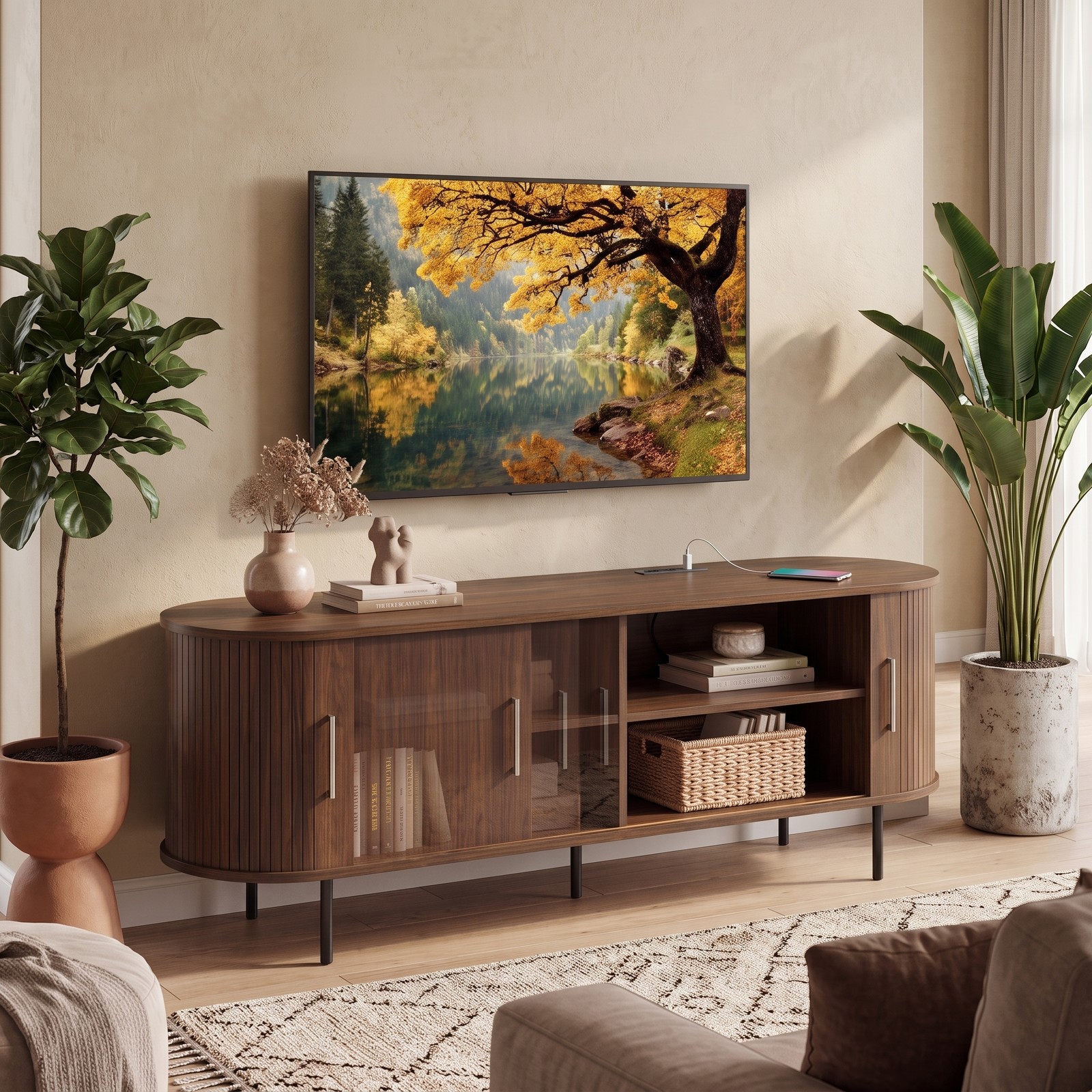 Furnibear Fluted TV Stand for TVs up to 60 Inch, Mid Century Modern Curved Entertainment Center with Open Storage Shelves, Wood Media Console Table for Living, Walnut