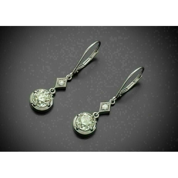 Divine Creation 2 Ctw Round Cut CZ Diamond Lever Back Drop Earrings 14K White Gold Plated 925 Sterling Silver