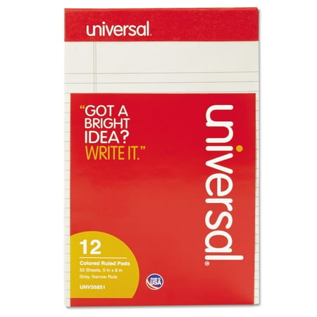 Universal Colored Perforated Note Pads, Narrow Rule, 5 x 8, Gray, 50 Sheet, Dozen