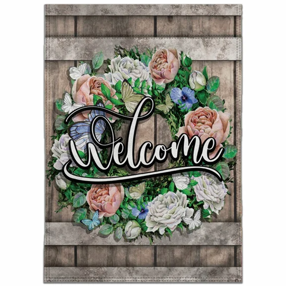 PURELY- Welcome Garden Flag 12X18In Cute Novelty Holiday Yard Flag Wreath Roses