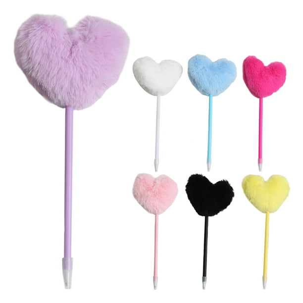 KAKOWELY 7 bolígrafos de escritura con forma de corazón, decorativos, con pompón y forma de corazón.