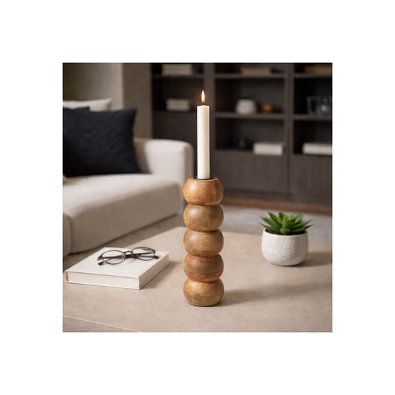 Round Stacked Taper Candle Holder for Centerpieces for Tables - Mango Wood Candlestick Holder for Home, Living Room, Mantel and Console Decor - Pillar Candle Accent for Kitchen - 9", Brown
