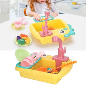 Dishwasher Playing Toys, Kitchen Sink Toys Circulation System Dinosaur Shape Role Play Fishing Game Running Water Pretend  for Party for Kids Yellow