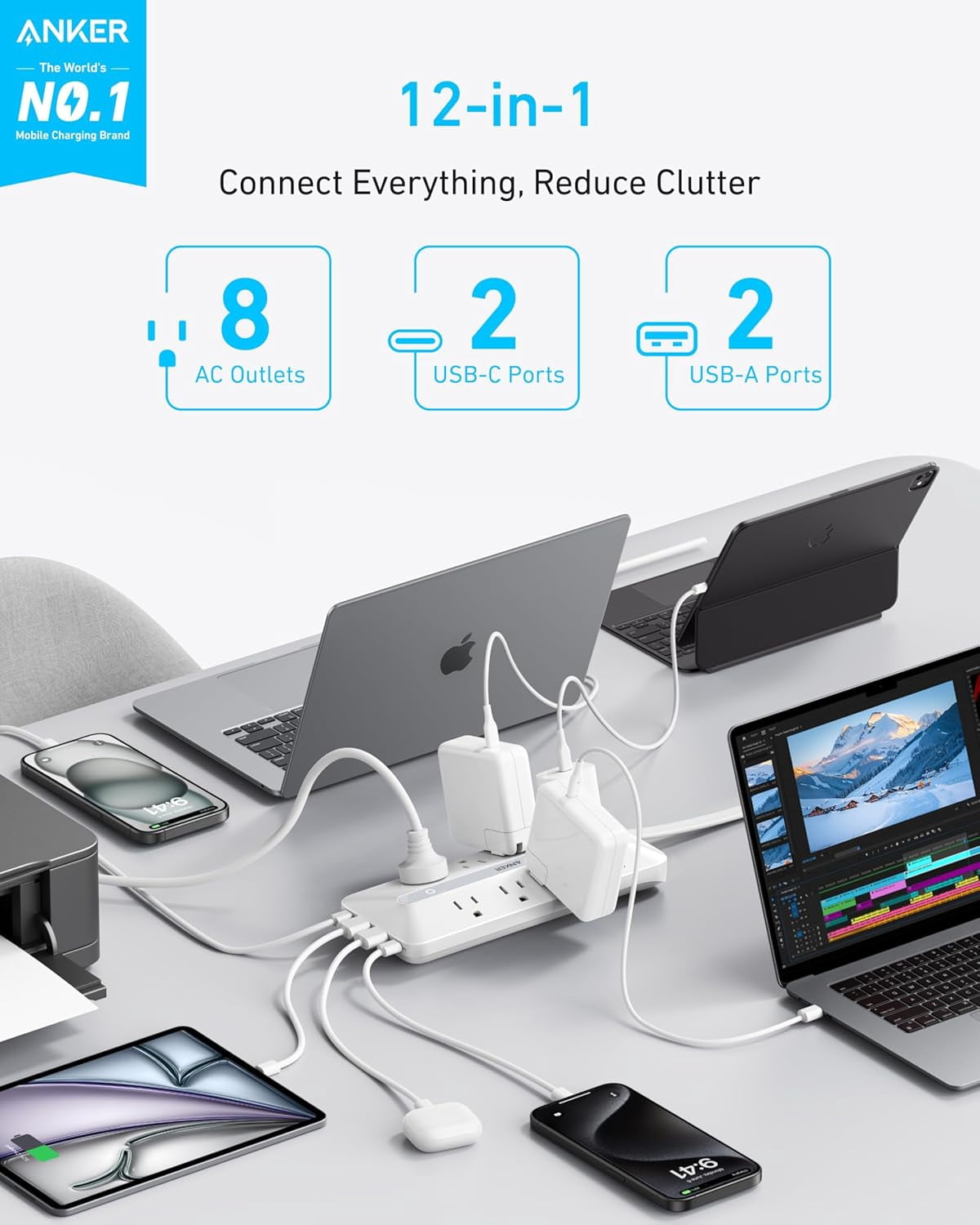 Anker Flat Plug Power Strip, 12-in-1 USB-C Power Strip with 8 AC, 2 USB-C, and 2 USB-A Ports, 5 feet Extension Cord, 35W Max