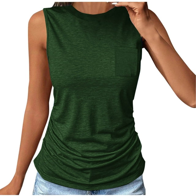 Blusas para las Mujeres Casual Verano Color Sólido Cuello Redondo Bolsillo sin Mangas Tanque Blusa, Poliéster Casual Top, Lavado de Manos