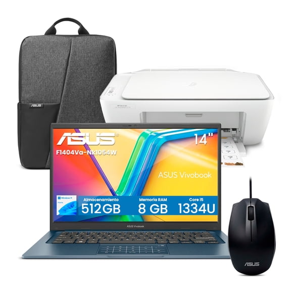 Combo Laptop ASUS VivoBook 14” FHD Core i5 8GB 512GB SSD Azul Mochila y Mouse +  Impresora HP