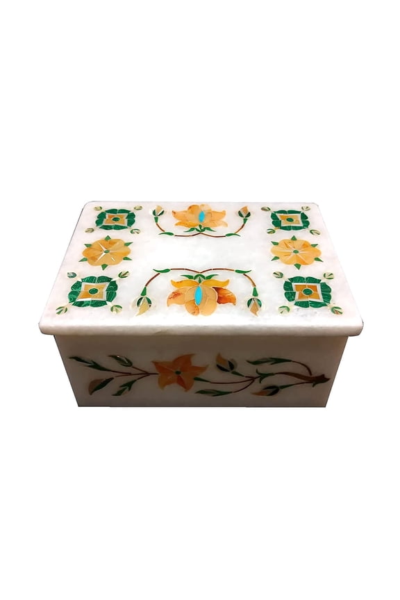 Marble White Jewelry Custom Box Malachite Inlaid Floral Arts Dcor