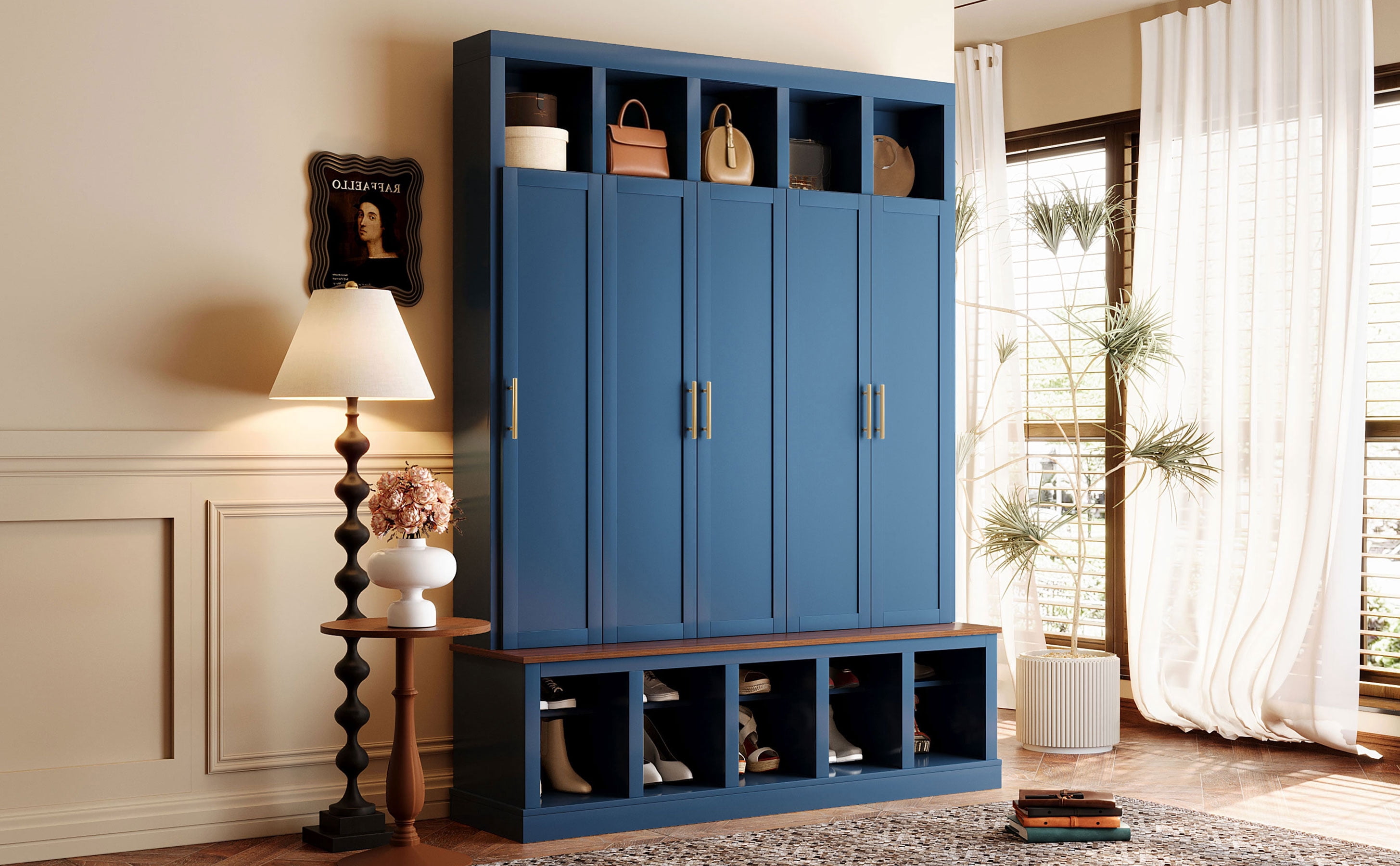 Mintazer 76” Tall Farmhouse Hall Tree with Shoe Rack Bench & Display Cubbies, Storage Cabinet with 3 Doors Closet for Entryway, Living Room, Bedroom, Navy Blue