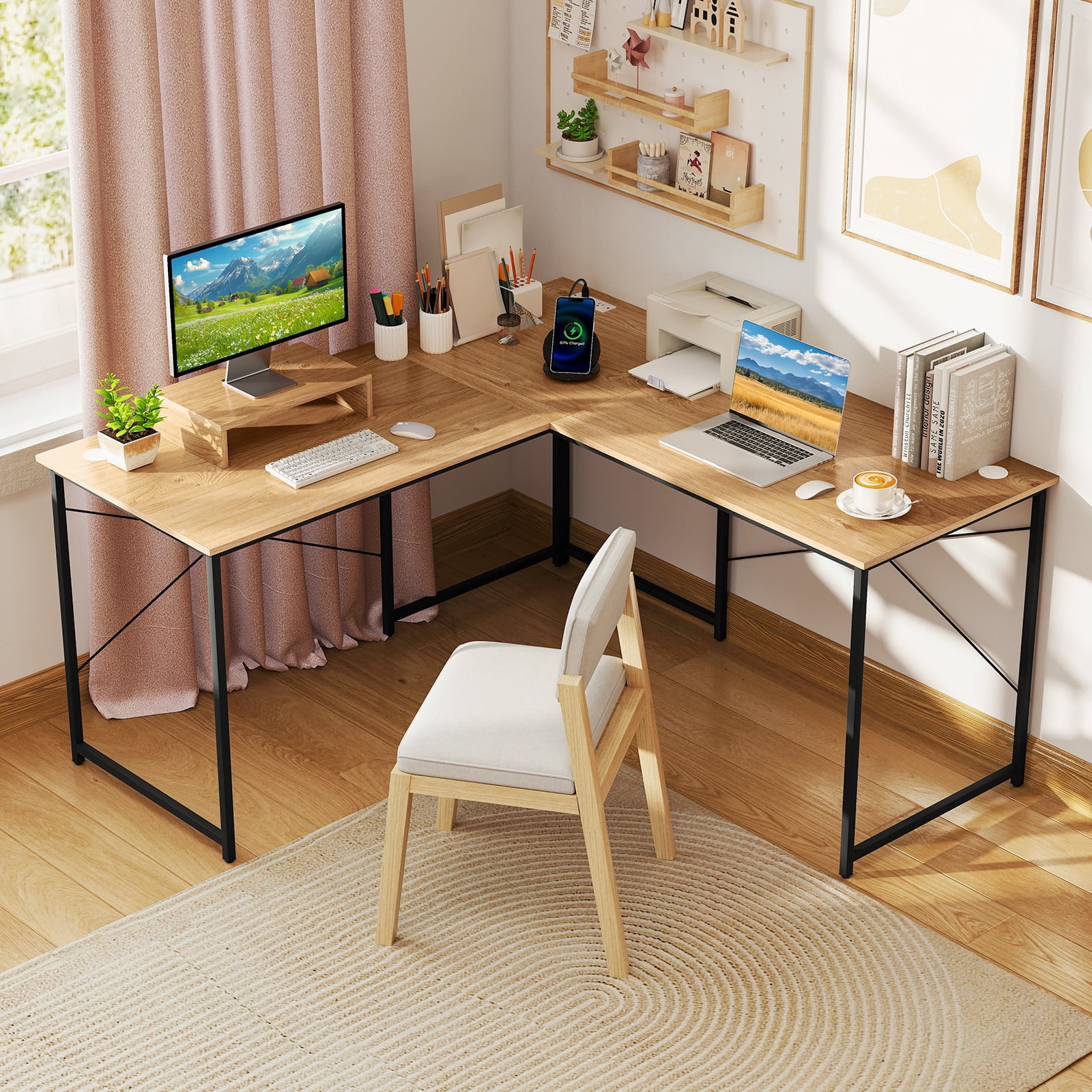 Gymax L-Shaped Reversible Computer Desk 2-Person Long Table w/Monitor Stand Natural