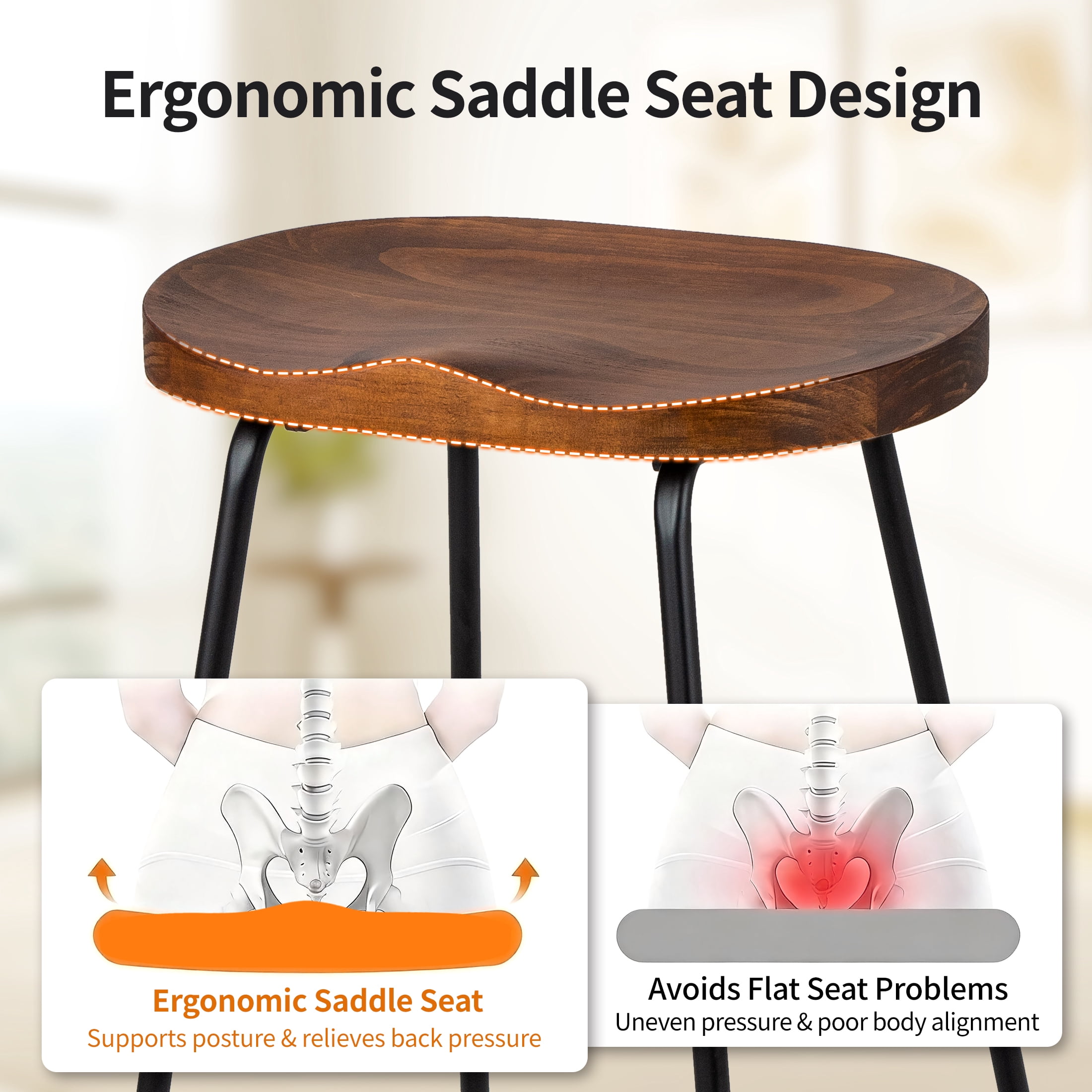 FIRAVOE Bar Stools Set of 3 (Solid Wood Saddle Seat) 26 Inch Counter Height Barstools Backless Counter Stools for Kitchen Island
