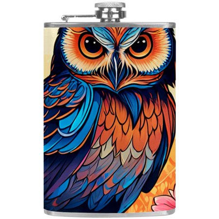 

josid Owl Pattern 3.6x6in Stainless Steel Small Flask Leak-Proof Stainless Steel Construction Wrapped in Premium Two-Layer Leather Nano-Printed Design 227ml Capacity