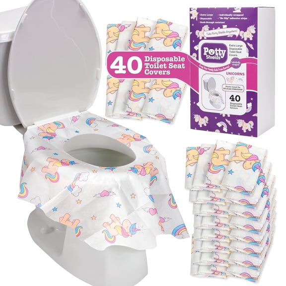 Potty Shields Toilet Seat Covers Disposable (40 pk, Unicorns) - XL Weatherproof Toilet Cover for Toddlers, Kids & Adults