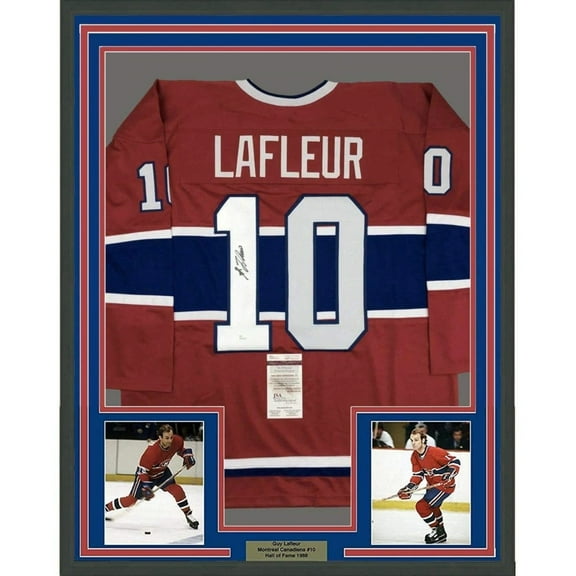 Framed Autographed/Signed Guy LaFleur 35x39 Montreal Red Hockey Jersey JSA COA