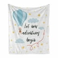 thumbnail image 1 of Adventure Soft Flannel Fleece Blanket, Cartoon Air Balloon Flying in Cloudy Starry Sky Landscape with Hand-Drawn Words, Cozy Plush for Indoor and Outdoor Use, 50" x 70", Multicolor, by Ambesonne, 1 of 6