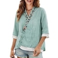 thumbnail image 4 of Mujeres manga corta de verano Tops imitación bordado V-cuello hebilla cinco cuartos de manga blusa, primavera en verano casual moda superior, 4 of 9