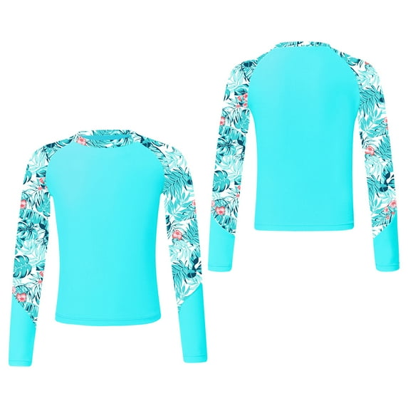 inhzoy Kids Girls Long Sleeve Swim Top with UPF 50+ Floral Printed Swimming Shirt Rash Guard Beach Bathing Tops Teal 12