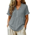 thumbnail image 3 of VBVC Women's Ruffled V-Neck Breathable Blouse, Ladies' Short Sleeve Button Babydoll Shirt, Casual Loose Fit Summer Top For Women,Gray,S-3XL, 3 of 9