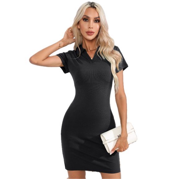 Women's Johnny Collar Short Sleeve Bodycon Dress 100% Polyester Mini Casual Everyday Wear for Casual Chic Look