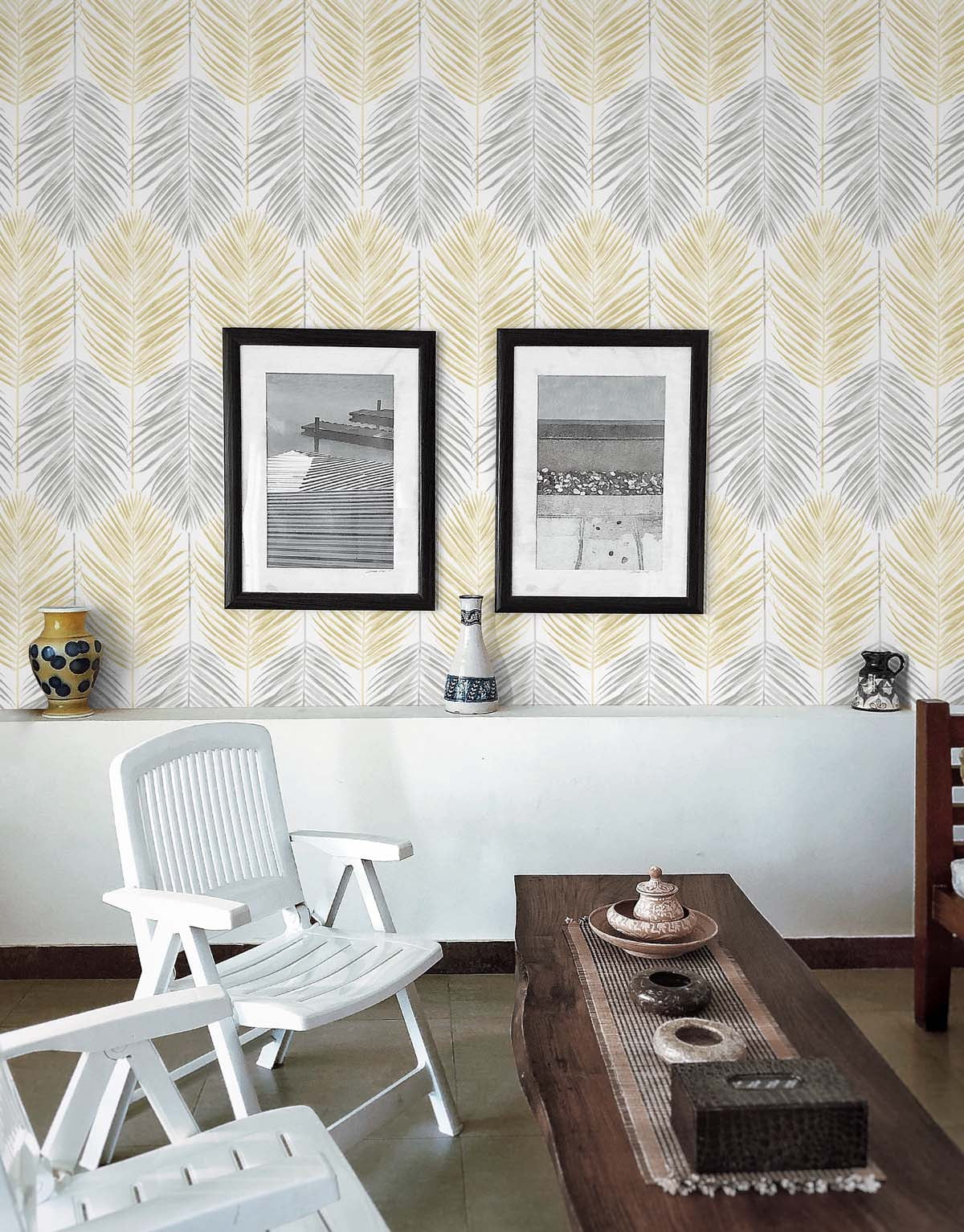 NextWall  Two Toned Palm Peel and Stick Wallpaper 20.5 in. W x 18 ft. L - Wheat & Daydream Grey