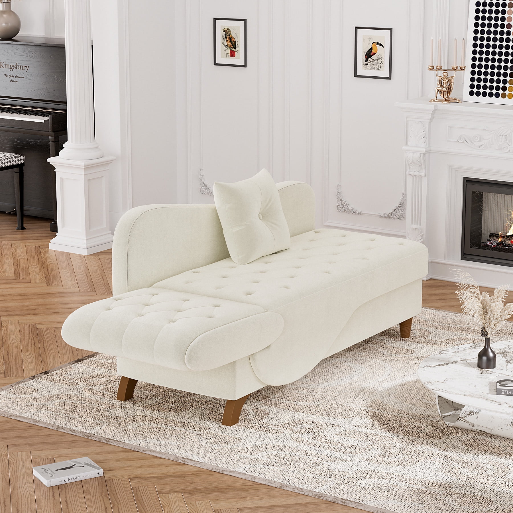 Wiilayok Chaise Lounge Chair Indoor Furniture with Storage Pillow,Adjustable Recling Sleeper Sofa Lounge Chair,Velvet Futon Sofa Couch Bed for Living Room Bedroom,Beige