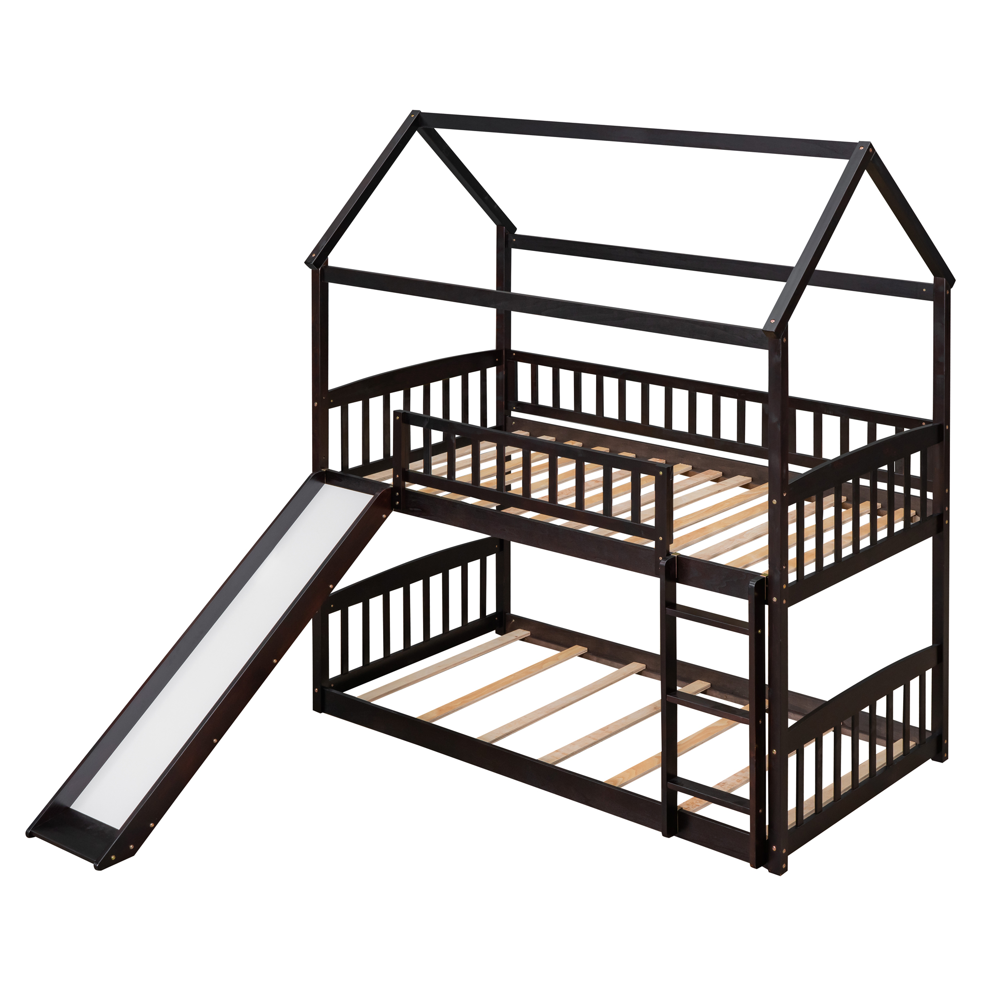 Aukfa Twin over Twin Bunk Bed with Slide, Floor Bunk Bed for Kids, Boys and Girls, House Top, Wooden - Espresso