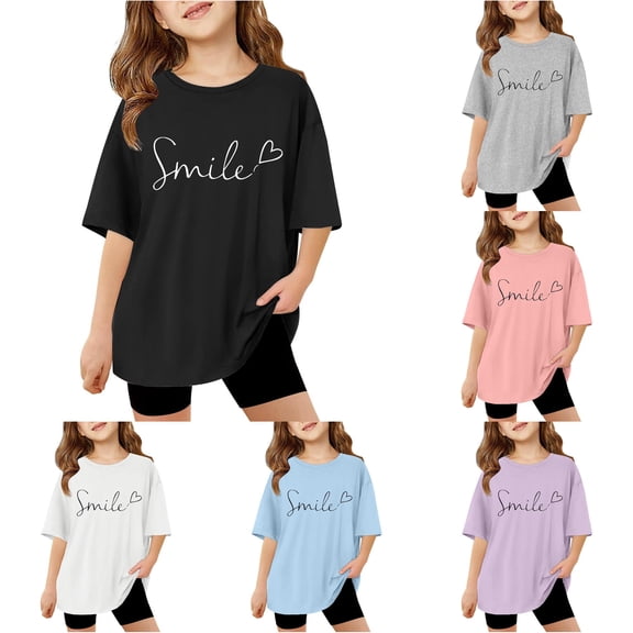 WAYUTE Girls T Shirts Oversized Short Sleeve Letter Printed Crewneck T Shirts for Kids School Fashion Summer Tops Basic Tees Outdoor Casual T Shirt,Black
