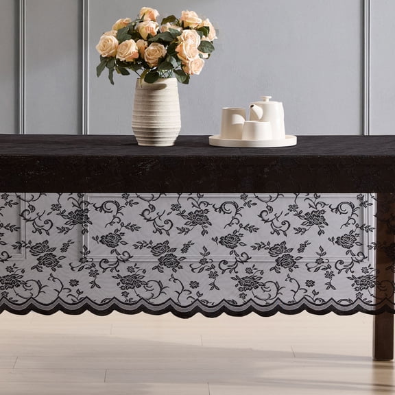 THD Harpy Floral Lace Fabric Tablecloth, Lace Fabric Table Cloth for Rectangle Tables, Wrinkle Resistant Tablecloth, Patterned Scalloped Tablecloth (60 W x 104 L, Black)