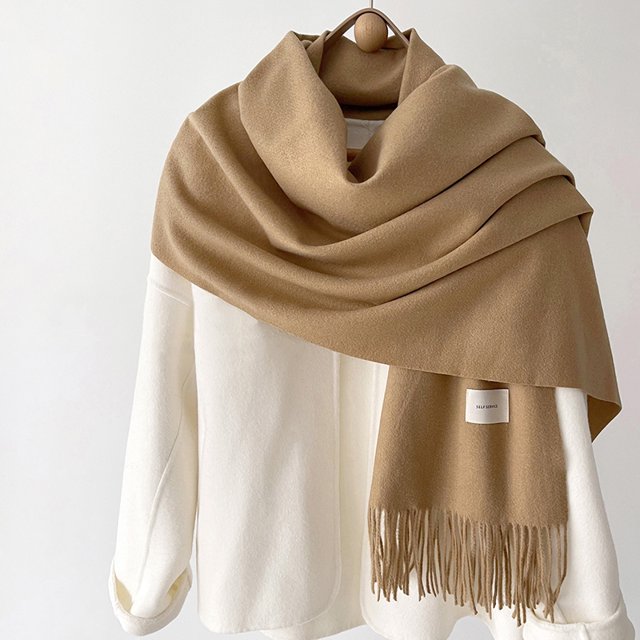 Luna&Dolphin Women Winter Solid Color Scarf Imitation Cashmere Soft Brown White Warm Knitted Woolen Ins Neck Pashmina Big Shawl
