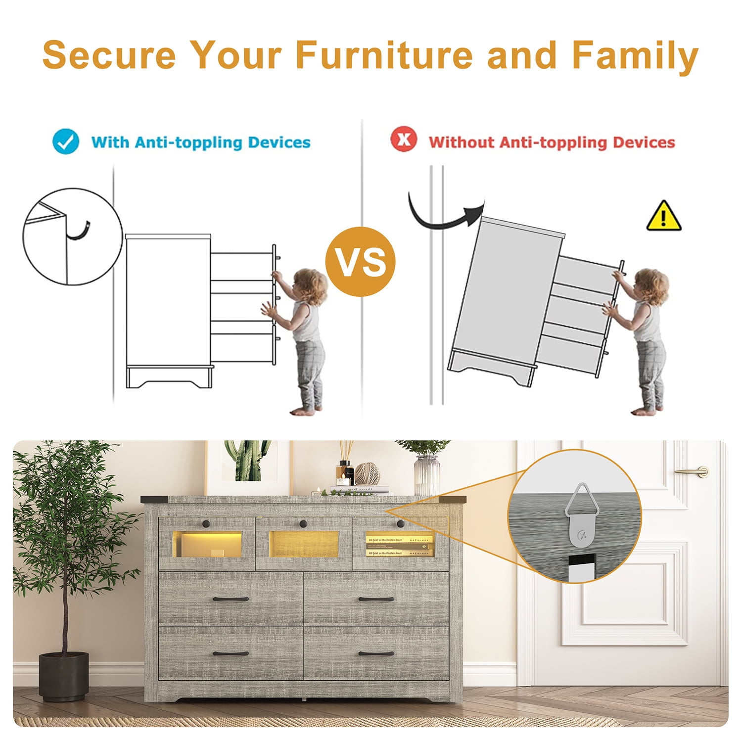 Kadyn 7 Drawer Dresser, Sideboard Storage Cabinet with LED Light, Chest of Drawers for Hallway, Cement Grey