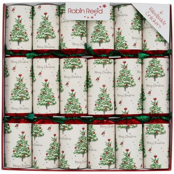 Robin Reed 6 x 12 inch Handmade English Christmas Crackers with POP - Christmas Tree - contains piccadilly gifts (62405)