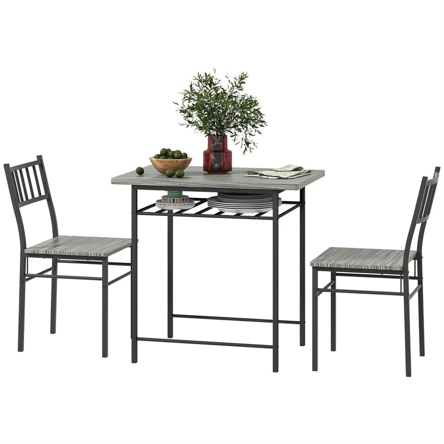 Demi Bonn 3 Piece Dining Table Set for Small Spaces with Storage Rack and Steel Frame, Kitchen Table and Chairs for 2 Dining Room Set with 2 Chairs, Gray