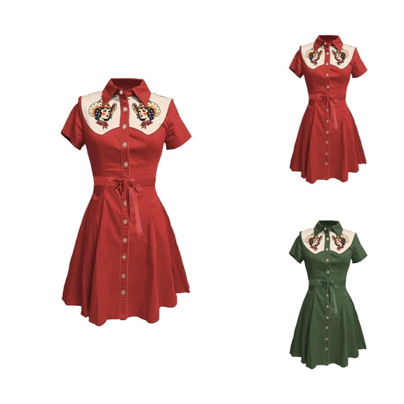 Vintage Western Cowgirl Dress for Women Short Sleeve Button Down Collared Belted A Line Printed Knee Length Dress