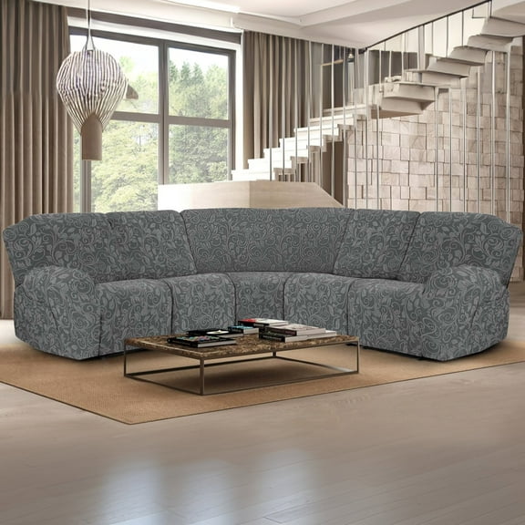 Eurhowing 5-Seater Reclining Sectional Couch Cover, 7-Piece Stretchable Jacquard Slipcover for L-shaped Recliner Sofas, Washable Furniture Protector, Dark Gray