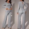 thumbnail image 5 of Stichou Womens Basic Two Piece Outfits Long Sleeve Spring Summer Slim Crop Top Fold Over Leggings Pants Set Matching Tracksuit Light Gray S, 5 of 5