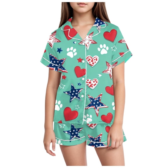 WUANDIXFA Pajamas for Girls Little Boy Girl 4th Of July Pajamas Sets for Toddler Sleepwear Summer 2 Piece Kids Pjs 12-13 Years,Green