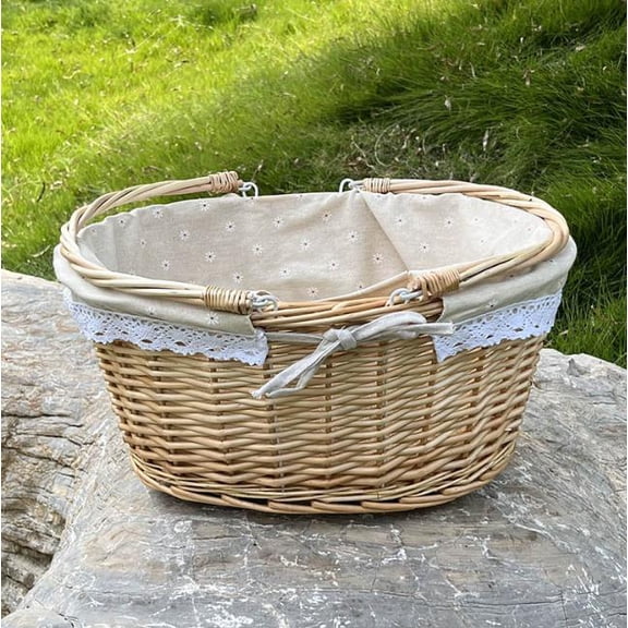 Dayesque Wicker Picnic Basket with Cloth Liner and Handle, Handwoven Outdoor Camping Hamper, Easter Flower Design, Beige